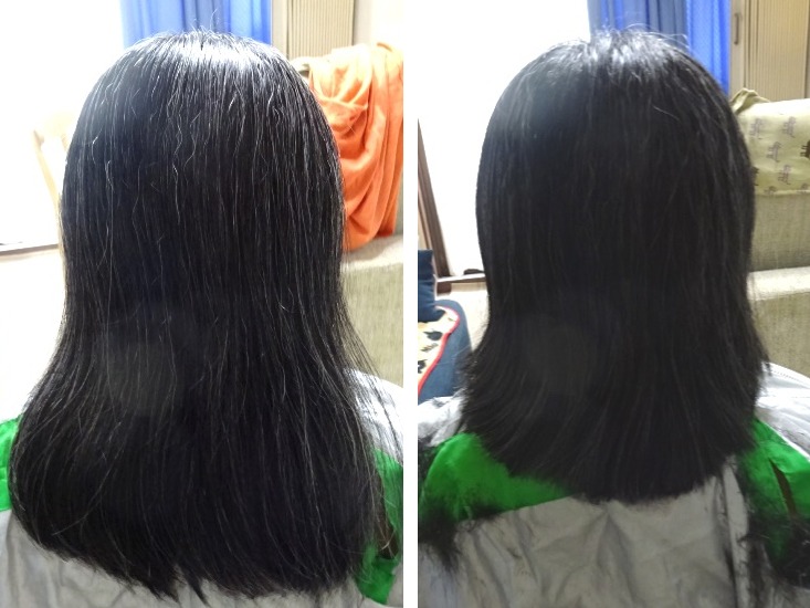 妻のヘアカットの直前(左)と直後(右)，2023-09-02