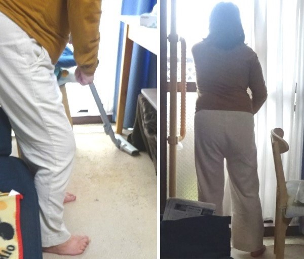 杖を使わずに，掃除をしたり外を見る