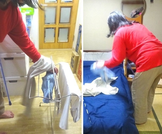 部屋干しを終えた洗濯物を取り込んで畳む