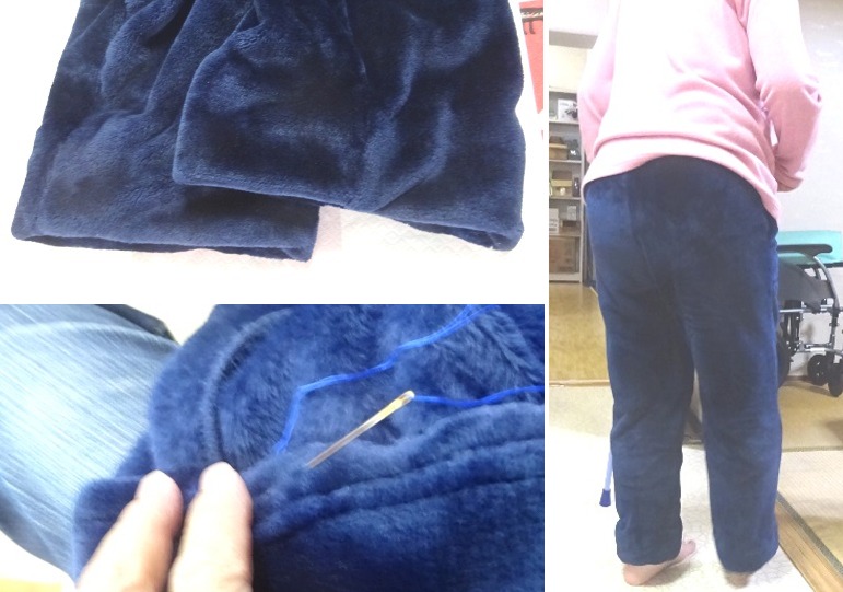 ルームパンツの裾上げ，それに使用した特大の針，および試着