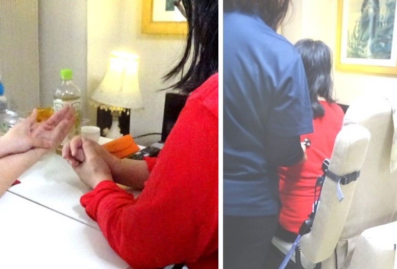 指の運動(左)と胸の音のチェック(右)