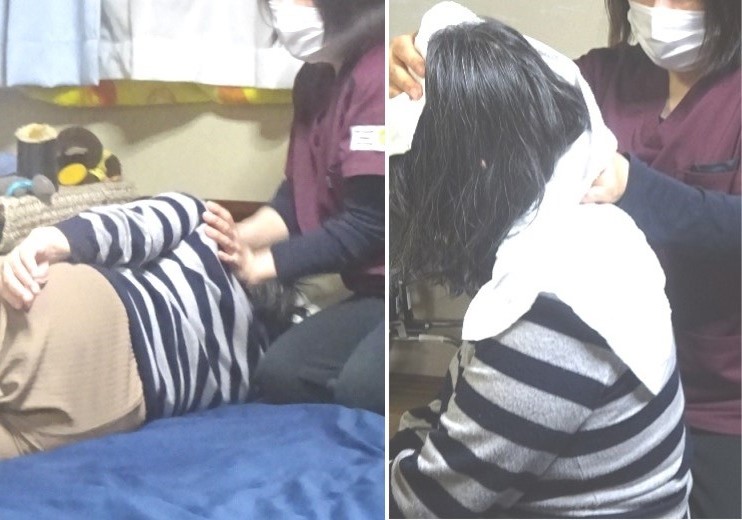 左肩のマッサージ(右側臥位)と左頚部のマッサージ(端座位)